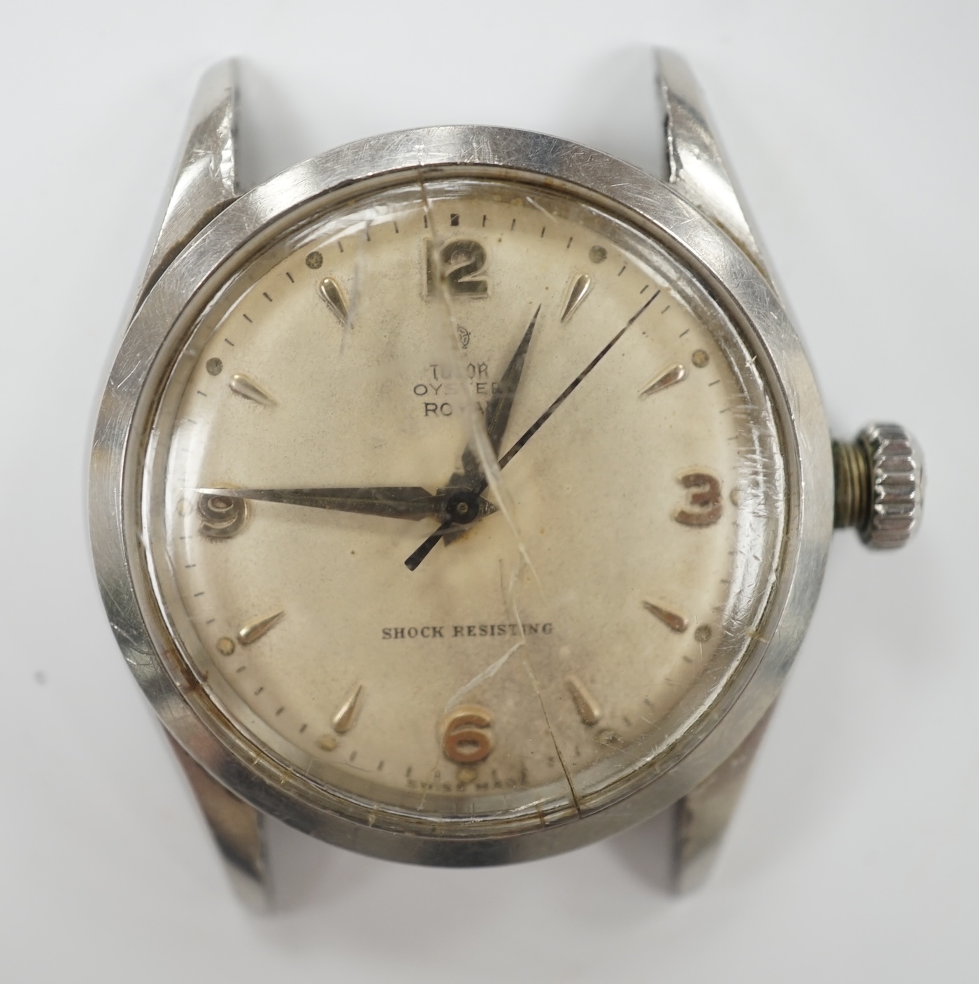 A gentleman's stainless steel Tudor Oyster Royal manual wind wrist watch, with baton and quarterly Arabic numerals, case diameter 34mm, no strap.